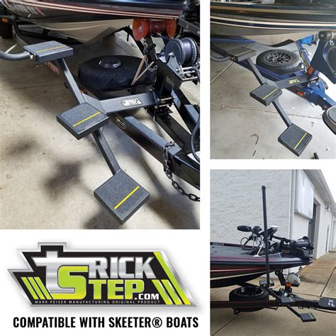 Trick step boat steps - The first boarding step designed to anchor to trailer winch post for maximum stability. Trickstep: detachable 3 and 4-step models are made of mild steel square tubing, TIG welded for solid integrity, and coated with Marine industry Tuff coat (black). Includes handrail, non-skid step pads, and all hardware for mounting. 